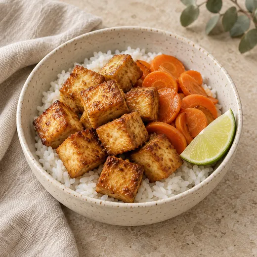 Illustrative tofu, carrot and rice bowl