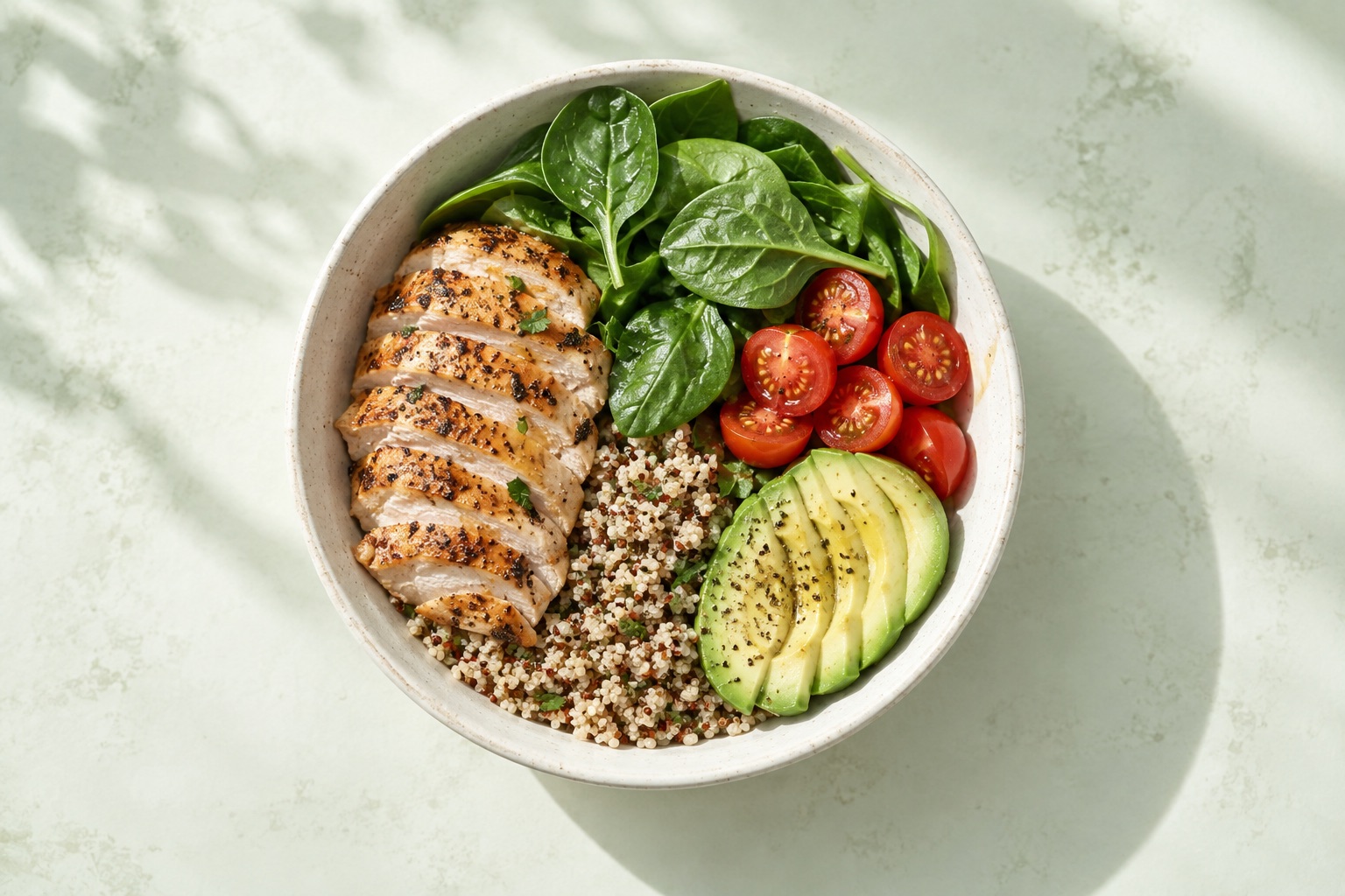Illustrative chicken, quinoa, avocado, and greens bowl
