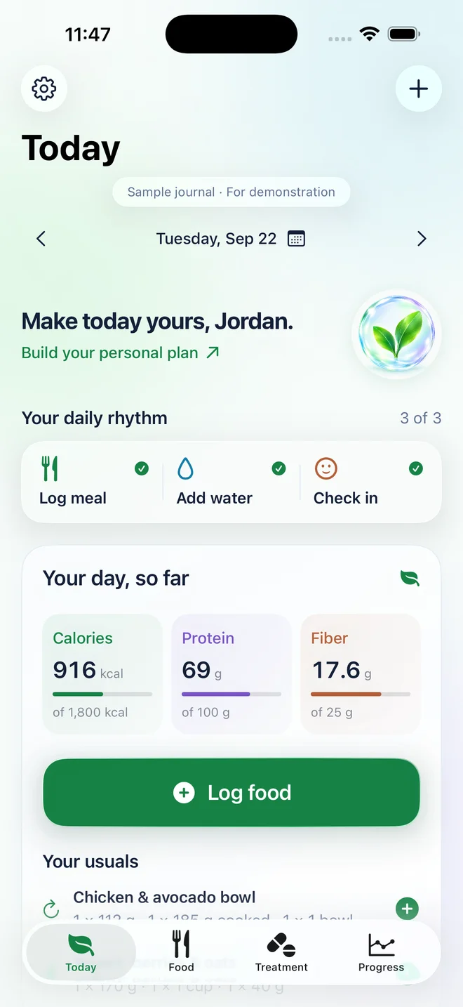 Nourish Today screen with recorded nutrients, water, and the next reminder. Fictional demonstration records.