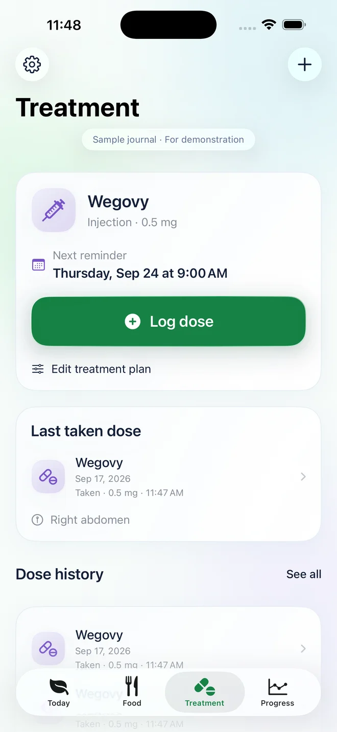 Nourish Treatment screen with a recorded plan, dose history, and symptoms. Fictional demonstration records.